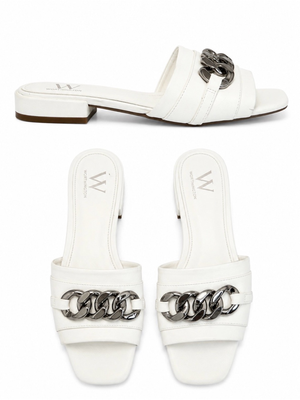 Worthington White Slide Sandals with Silver Chain Accent flat slides SZ 7.5